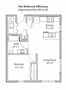 Floor plan for 1 bed, 1 bath, 610 sqft